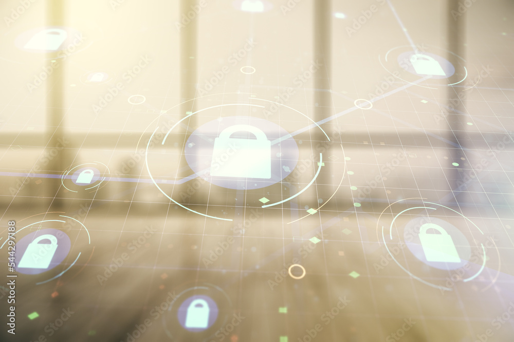 Poster virtual creative lock sketch with chip hologram on empty classroom background, protection of persona