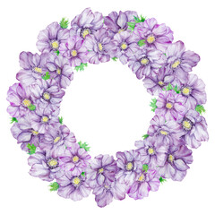 Watercolor hand drawn wreath of purple anemones with green leaves isolated on white background.