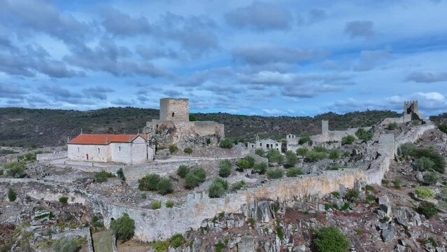 Aerial landscape from a drone of town of Marialva, Portuguese parish of the concelho de M&ecirc;da. Historic Villages. Portugal. Europe