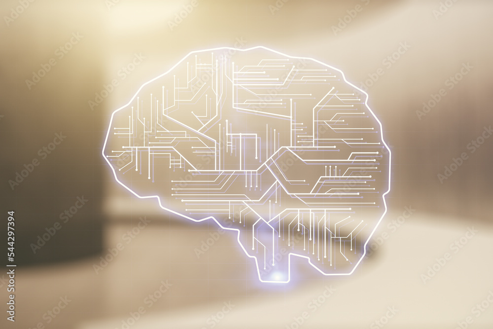Poster double exposure of creative artificial intelligence interface on empty modern office background. neu