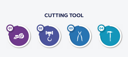 infographic element template with cutting tool filled icons such as big saw, crane hook, open pliers, battle axe vector.