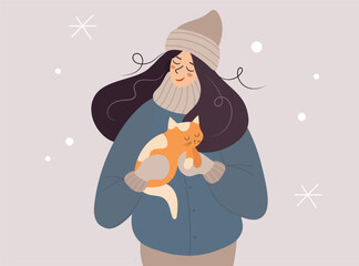 A woman is holding a red kitten outdoors. The girl loves her funny cat and takes care of him. Winter, snow, love for animals. Modern vector illustration isolated flat style.