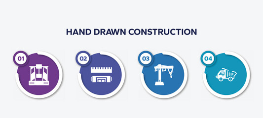 infographic element template with hand drawn construction filled icons such as derrick with box, rule and level, construction hand drawn sketch, construction materials transport vector.