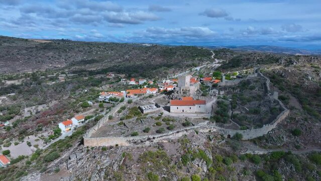 Aerial landscape from a drone of town of Marialva, Portuguese parish of the concelho de M&ecirc;da. Historic Villages. Portugal. Europe