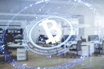 Double exposure of creative Bitcoin symbol hologram on a modern furnished office interior background. Mining and blockchain concept
