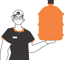 Water delivery concept. Deliveryman. holding a bottle of water in his hands. Linear style.