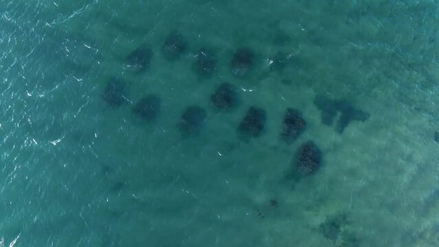 Details of oyster farming in the Aveiro estuary. Panoramic view of the Ria de Aveiro on the Atlantic coast of Portugal. Aerial view from a drone. Portugal. Europe