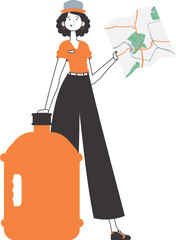 Water delivery concept. Girl with a map in her hands. Linear trendy style. Isolated, vector illustration.