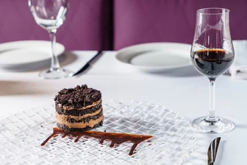 Fotobehang chocolate cake with sherry in restaurant © Maksim Shebeko