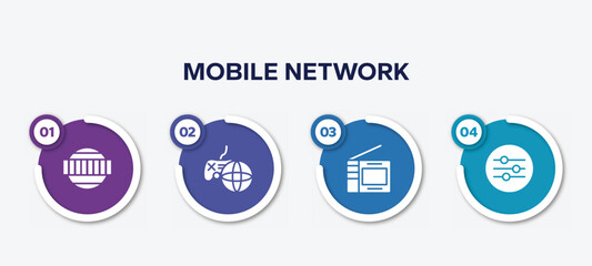 infographic element template with mobile network filled icons such as test card, online game, portable television, sound ting vector.