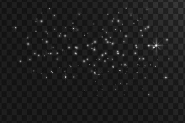 Vector sparkles on a transparent background. Christmas abstract pattern. Sparkling magical dust particles.