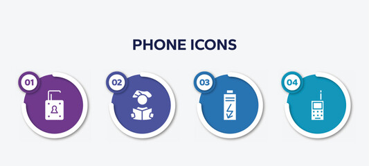 infographic element template with phone icons filled icons such as unlocked, reader, charge, vintage cellphone vector.