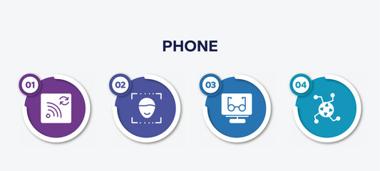 infographic element template with phone filled icons such as refresh wifi, face detection, reading mode, internet connection vector.