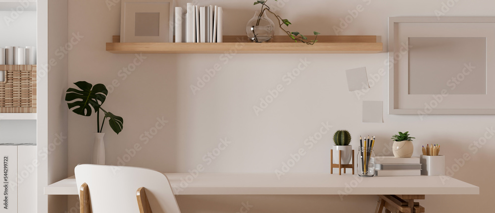 Poster minimal scandinavian home working space with copy space on white tabletop