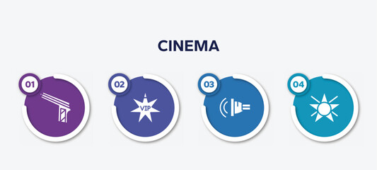 infographic element template with cinema filled icons such as hitman, vip person, ventriloquist, film star vector.