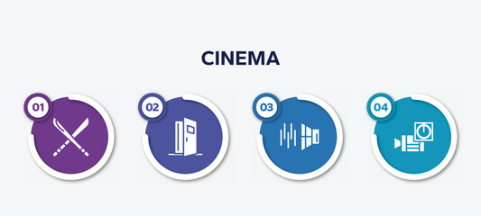 infographic element template with cinema filled icons such as hete, doorway, sound effect, turn on vector.