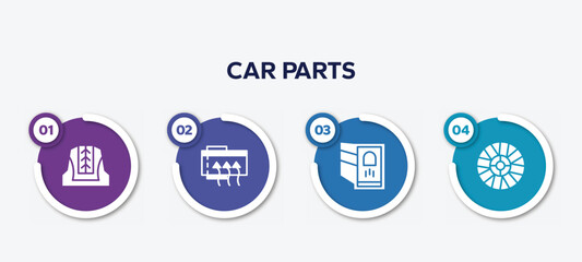 infographic element template with car parts filled icons such as car cowl, car demister, reversing light, hubcap vector.