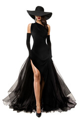 Elegant Lady in Long Black Dress and Hat. Fashion Woman in evening Luxury Gown with Slit over White. Mysterious Beautiful Girl showing Sexy Leg in Flying Skirt - 544300113
