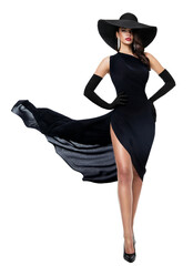 Beautiful Woman in Black Dress. Fashion Model in Evening Gown flying on Wind. Elegant Lady in Black...