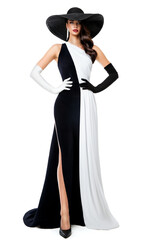 Woman Black and White Formal Dress. Fashion Model in Long Evening Contrast Gown. Elegant Lady in...