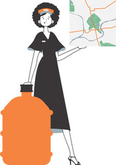 Water delivery concept. The woman is holding a map. Linear trendy style. Isolated, vector illustration.