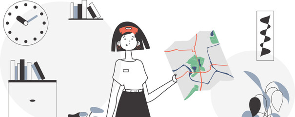 A woman with a map in her hands. Delivery concept. Linear trendy style.