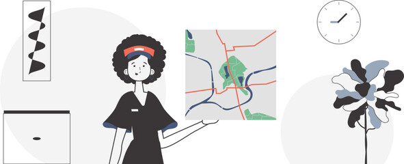 Girl with a map in her hands. Delivery concept. Linear style.