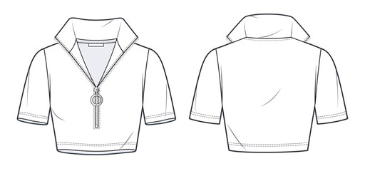 Women's Roll Neck Top, technical fashion illustration.   Cropped Top fashion flat technical drawing template, short sleeve, slim fit, zipper closure, front and back view, white, CAD mockup set. © Liubov Hladka