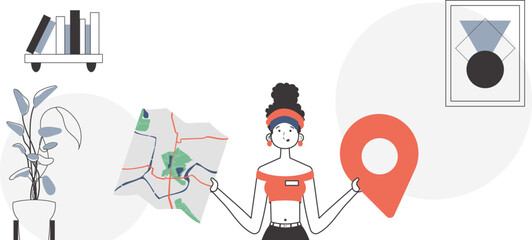 The girl is holding a map. Delivery concept. Linear trendy style.