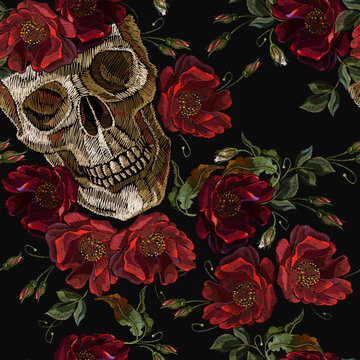Skulls and red roses flowers. Embroidery. Gothic seamless pattern. Medieval romantic style