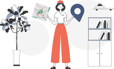 Girl with a map in her hands. Delivery concept. Linear style.