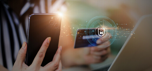 Cybersecurity, credit card, and privacy concepts to protect data. lock icon and internet network security technology Businessman protecting personal information on smartphone