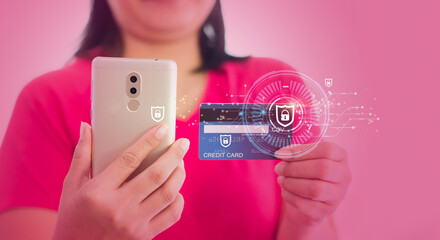 Cybersecurity, credit card, and privacy concepts to protect data. lock icon and internet network security technology Businessman protecting personal information on smartphone