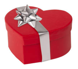 heart shaped gift box with silver bow isolated on transparent