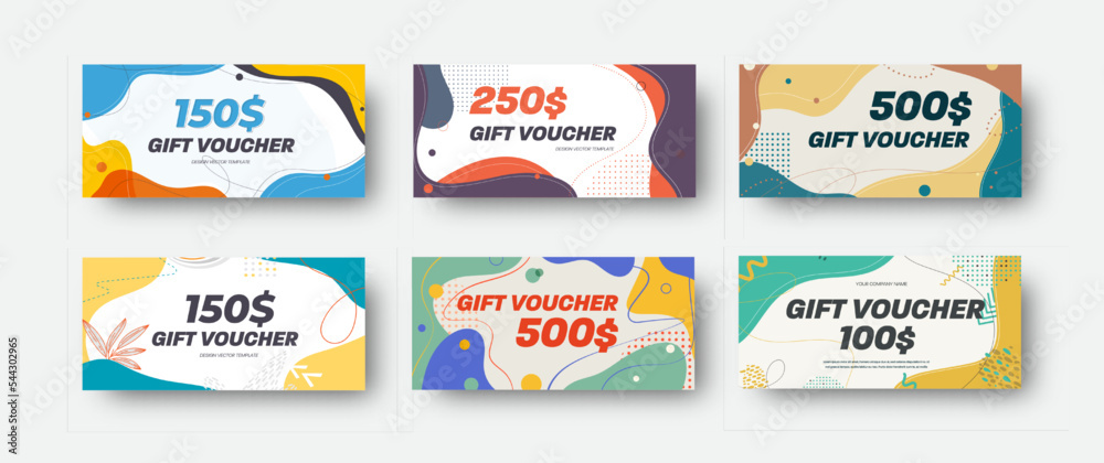 Poster set of vector discount vouchers with colorful abstract design.
