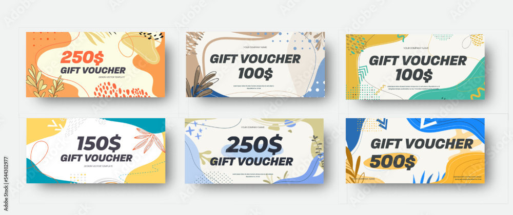 Poster set of white vector discount vouchers with colorful abstract design