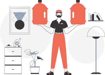 The guy is holding a bottle of water in his hands. Water delivery concept. Linear modern style.
