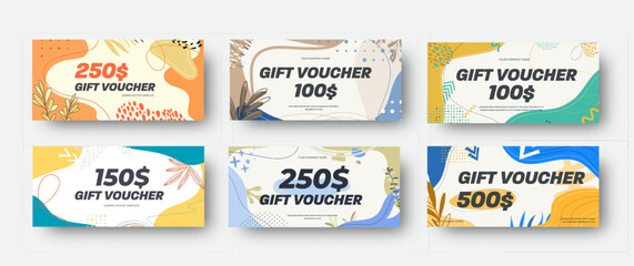 Set of white vector discount vouchers with colorful abstract design
