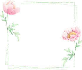 watercolor pink peony flower and green leaves elements minimal frame