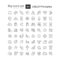 User experience and interface design principles linear big icons set. Web usability. Customizable thin line symbols. Isolated vector outline illustrations. Editable stroke. Quicksand-Light font used