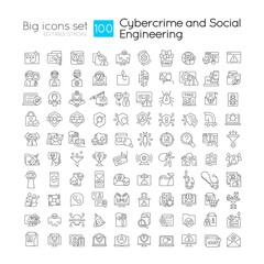 Cybercrime and social engineering attack linear icons set. Internet safety. Customizable thin line symbols. Isolated vector outline illustrations. Editable stroke. Quicksand-Light font used