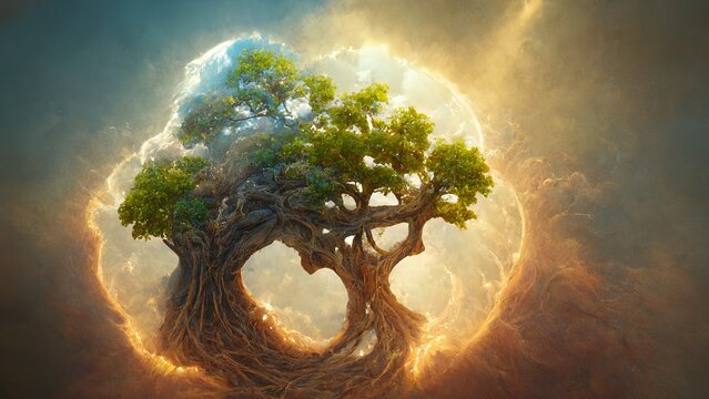 Energy tree of the universe. Big tree of life, the center of the world. Connection of the earthly and heavenly worlds. 3d illustration