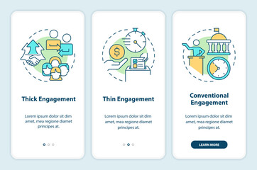Common forms of engagement onboarding mobile app screen. Public impact walkthrough 3 steps editable graphic instructions with linear concepts. UI, UX, GUI template. Myriad Pro-Bold, Regular fonts used