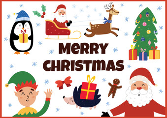 Fototapeta premium Merry Christmas banner with cute characters. Winter season background in cartoon style with Santa, penguin, deer and christmas tree. Vector illustration