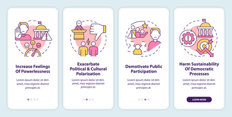Problems of conventional engagement onboarding mobile app screen. Walkthrough 4 steps editable graphic instructions with linear concepts. UI, UX, GUI template. Myriad Pro-Bold, Regular fonts used