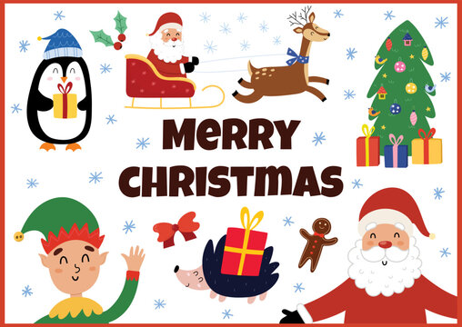Merry Christmas banner with cute characters. Winter season background in cartoon style with Santa, penguin, deer and christmas tree. Vector illustration