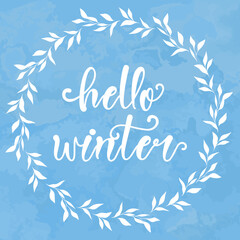 Obraz premium Merry christmas greetings hand-lettering on watercolor blue background. .Hello winter