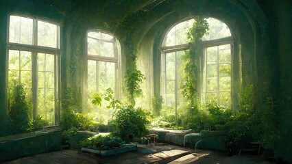 The ancient building is captured by nature and vegetation of the palace castle, overgrown with vegetation, ivy and vines. Empty atrium halls, no one around. 3d illustration