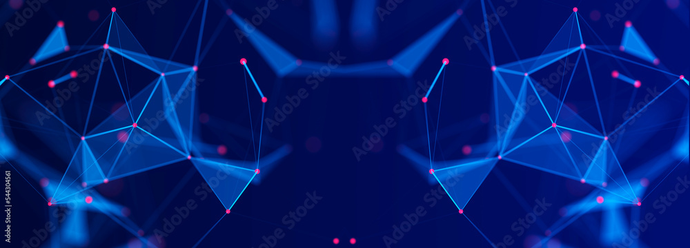 Poster Abstract polygonal space with connecting dots and lines. Dark background. Connection structure. 3d Widescreen