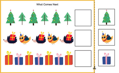 What Comes Next Christmas puzzle game. Cut and glue activity page for kids. Complete the sequence educational game for children. Vector illustration